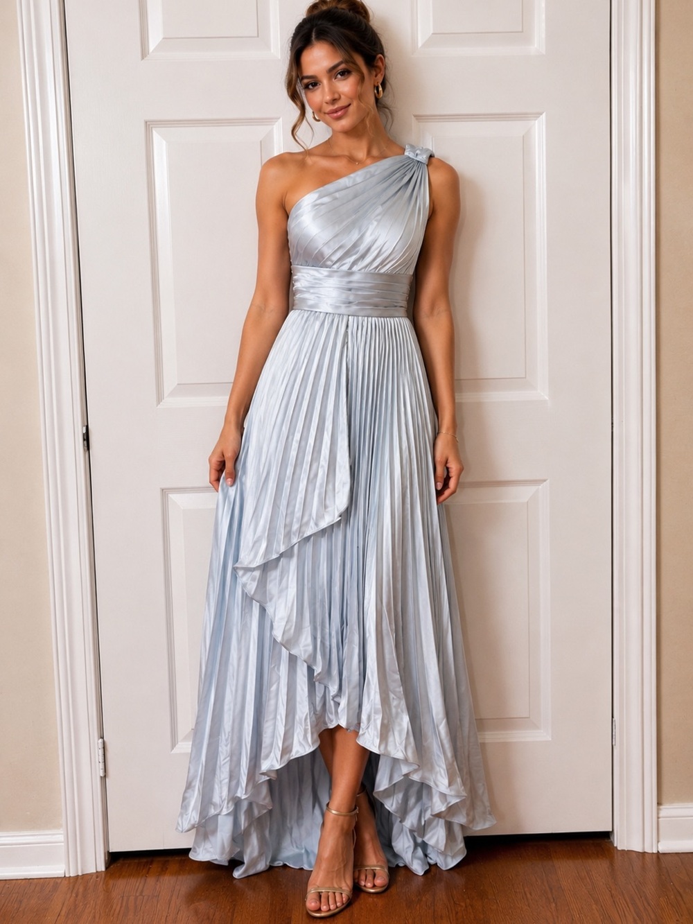 Light Blue One-Shoulder Pleated Satin Maxi Dress